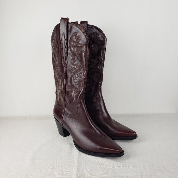 Jeffrey Campbell Dagget Burgundy Leather Cowboy Western Stitch Boots Size 11 - Picture 11 of 11